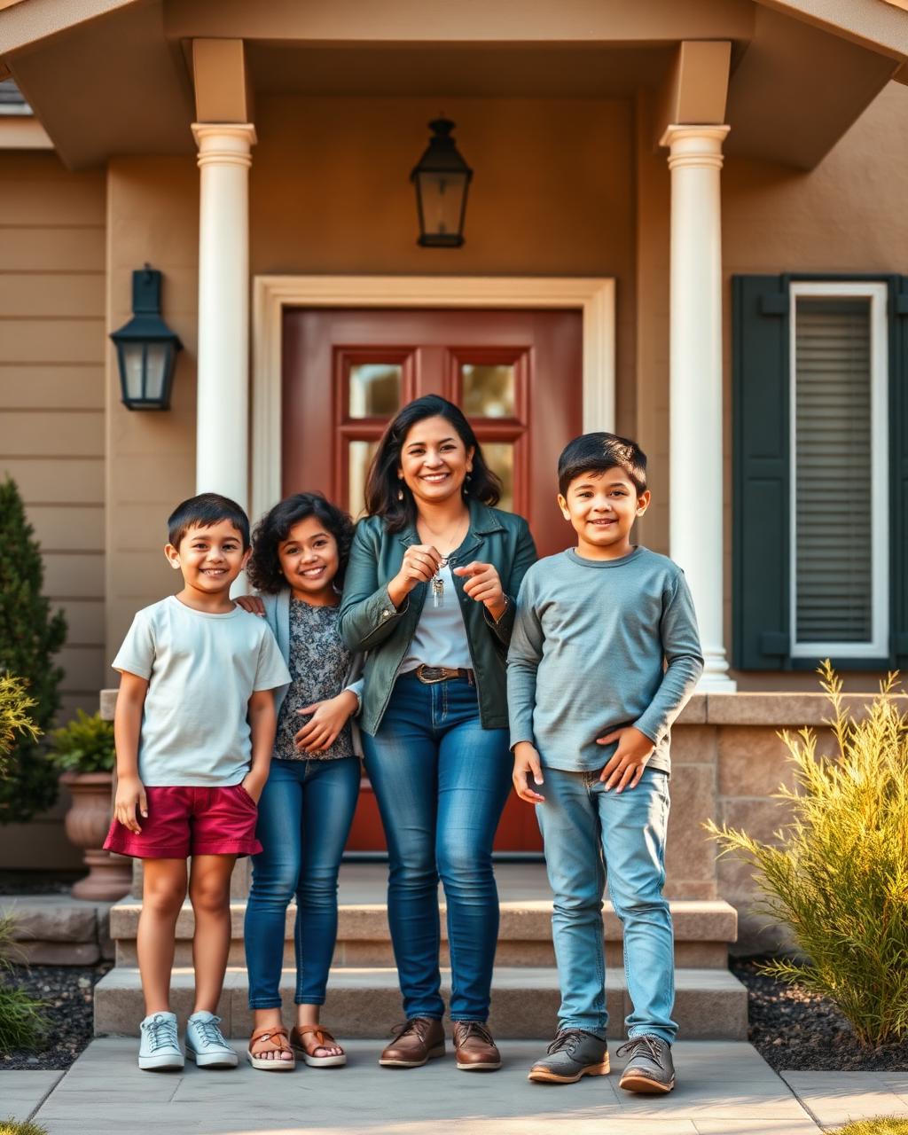 Hispanic family receiving keys to their new home